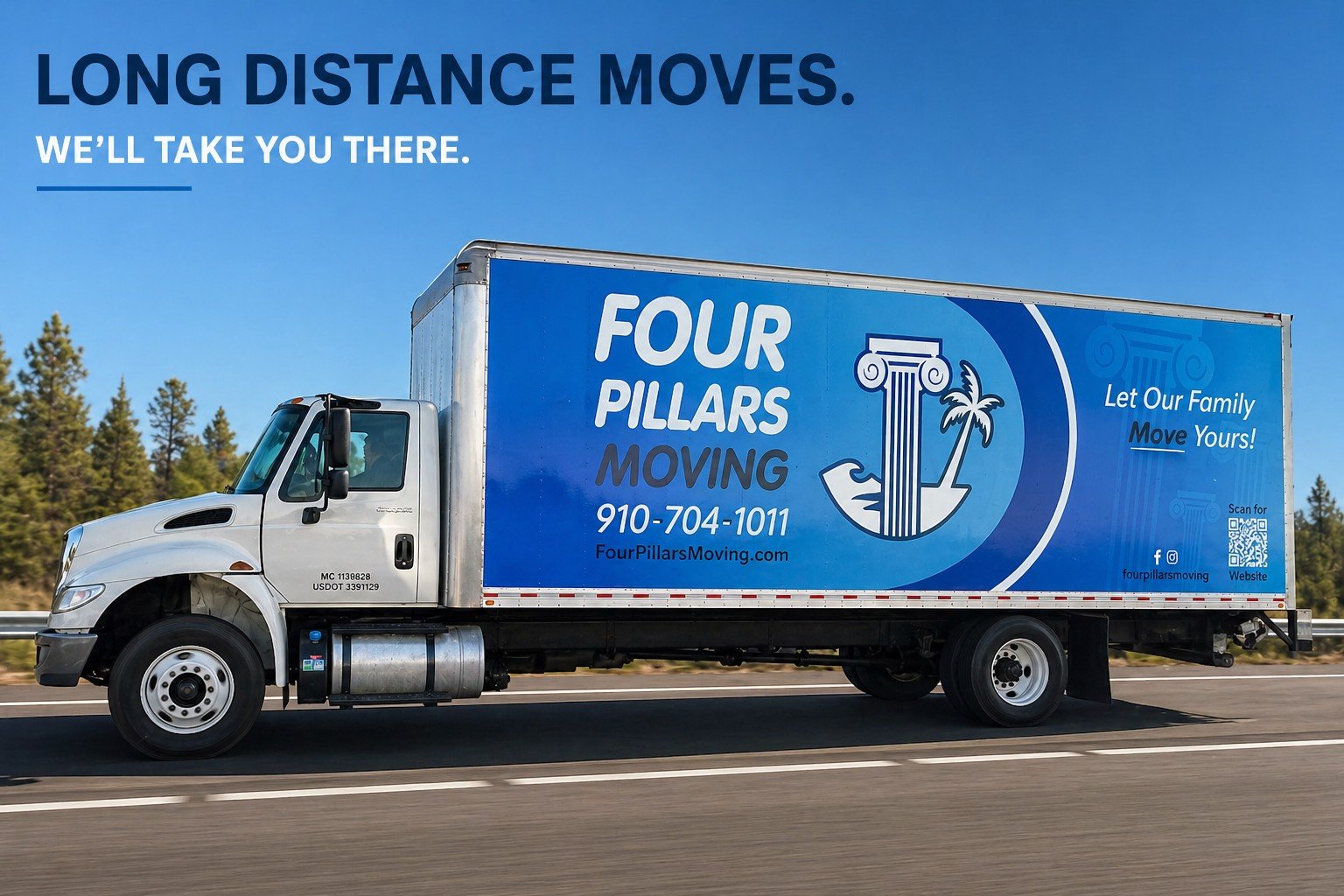 Four Pillars Moving long-distance moving truck on the road